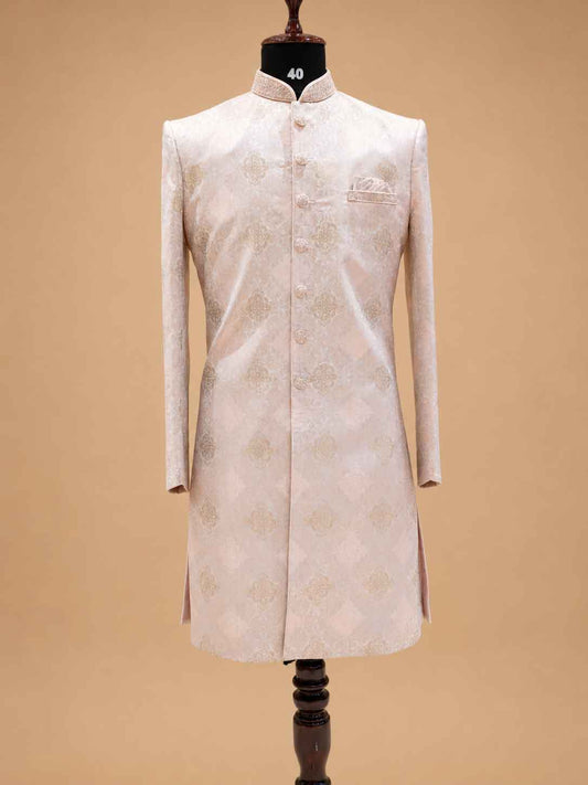 Men's blush pink jacquard groom sherwani set - view 2