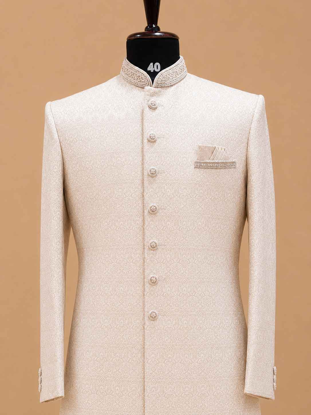 Men's Cream Jacquard Sherwani Set for Wedding & Reception | Designer Ethnic Wear