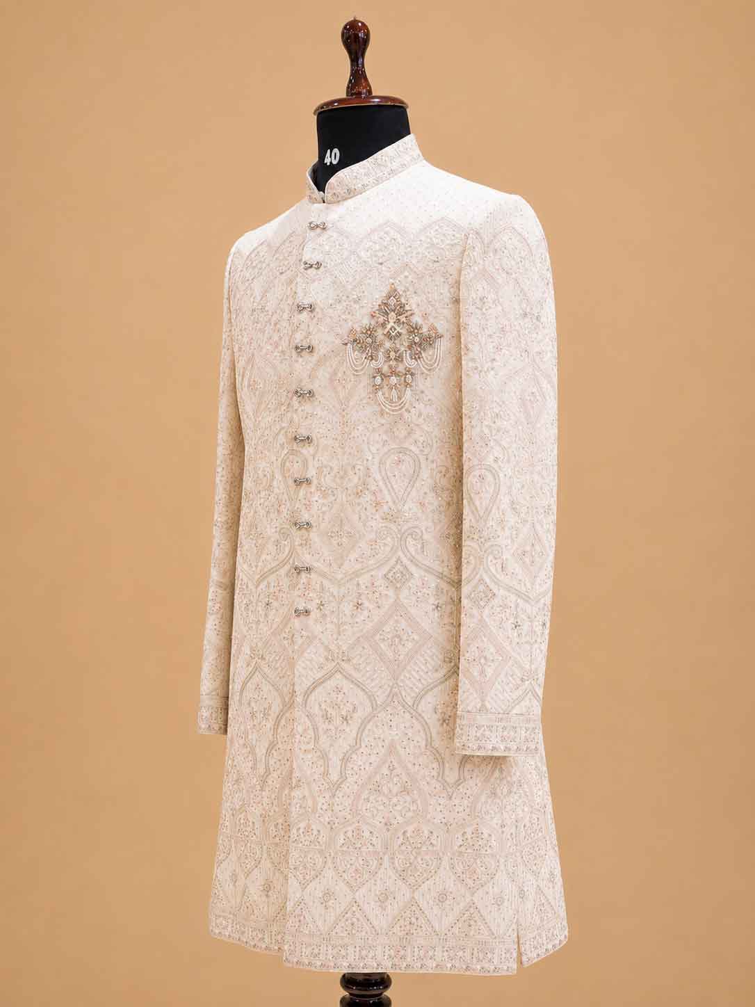 Men's Cream Embroidered Sherwani Set | Premium Designer Wedding & Groom Ethnic Wear