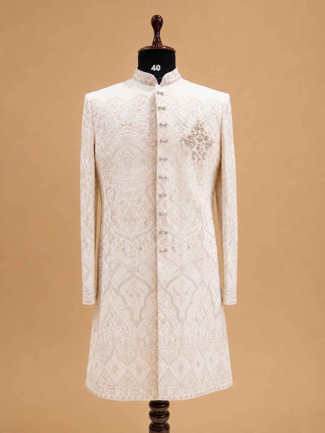 Men's Cream Embroidered Sherwani Set | Premium Designer Wedding & Groom Ethnic Wear