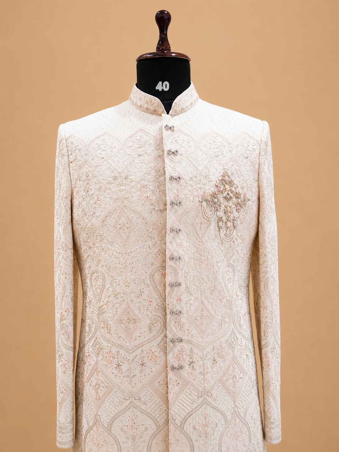 Men's Cream Embroidered Sherwani Set | Premium Designer Wedding & Groom Ethnic Wear