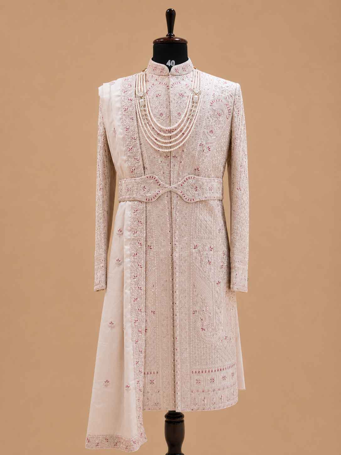Men's Blush Pink Embroidered Sherwani Set with Stole | Premium Designer Groom Wedding Wear