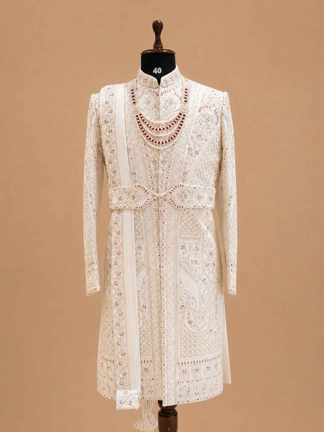 Men's Premium Cream Embroidered Sherwani Set with Stole | Luxury Designer Groom Wedding Wear
