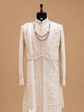 Men's Premium Cream Embroidered Sherwani Set with Stole | Luxury Designer Groom Wedding Wear