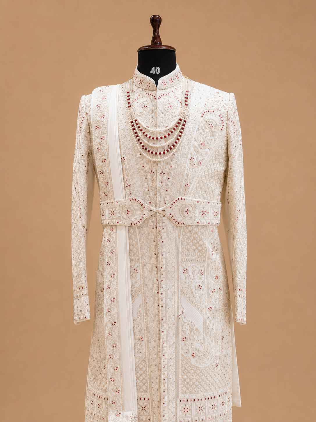 Men's Premium Cream Embroidered Sherwani Set with Stole | Luxury Designer Groom Wedding Wear