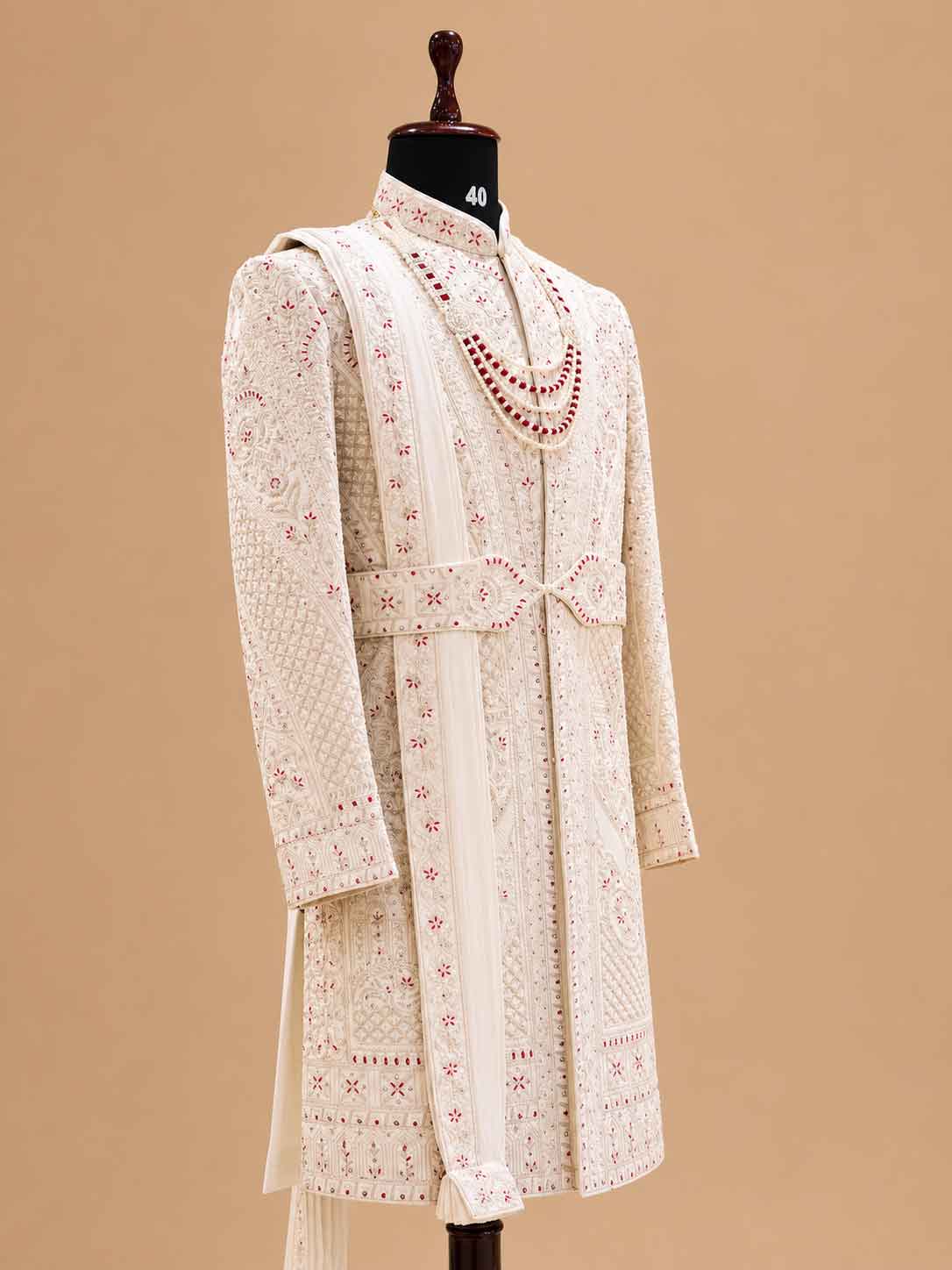 Men's Premium Cream Embroidered Sherwani Set with Stole | Luxury Designer Groom Wedding Wear