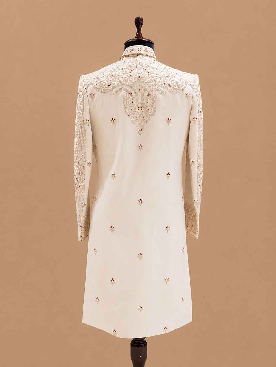 Men's Premium Cream Embroidered Sherwani Set with Stole | Luxury Designer Groom Wedding Wear