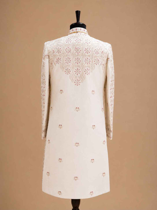 Men's cream embroidered sherwani set with stole - view 2