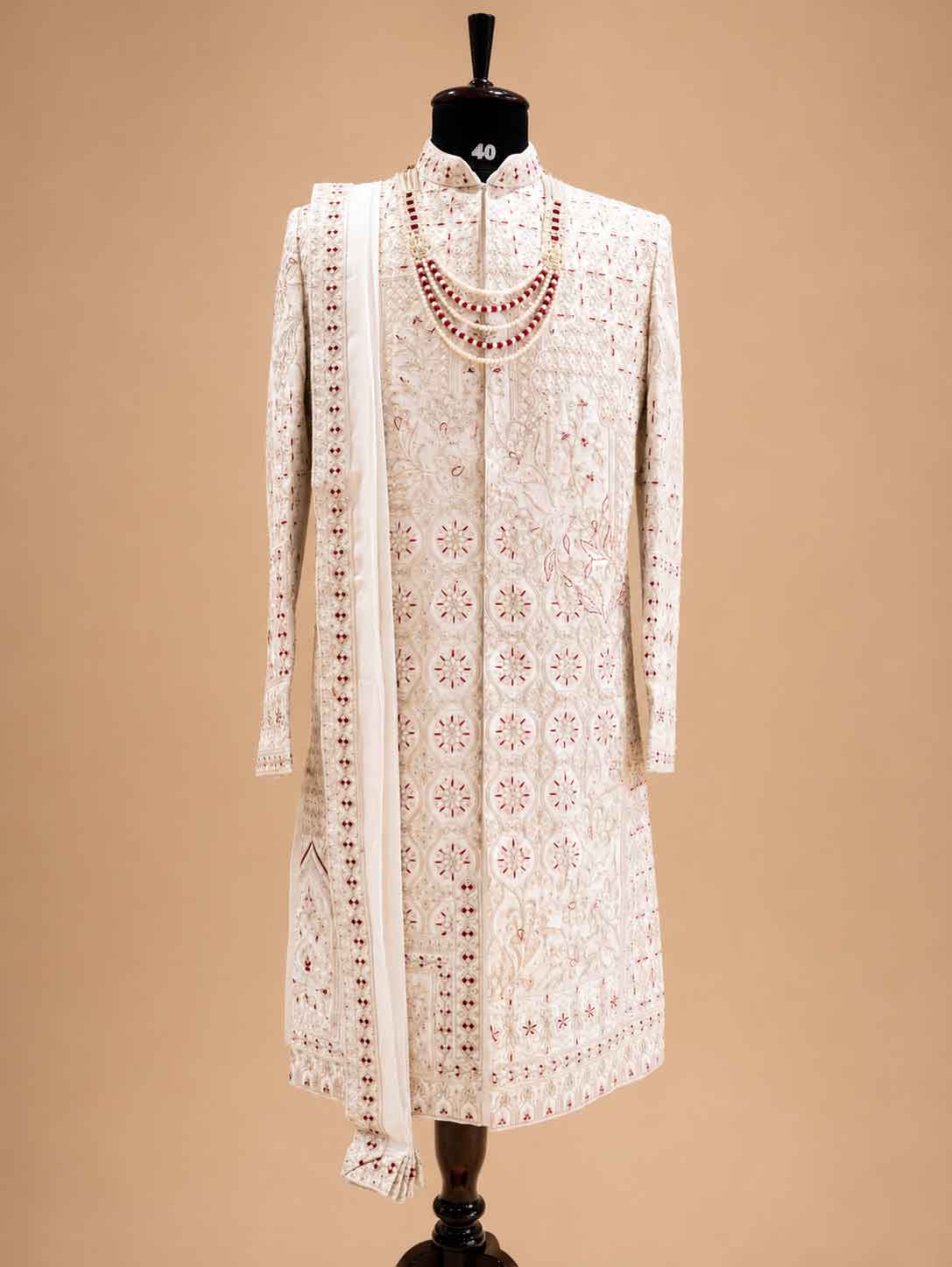 Men's Cream Embroidered Sherwani Set with Stole | Premium Designer Wedding & Groom Wear