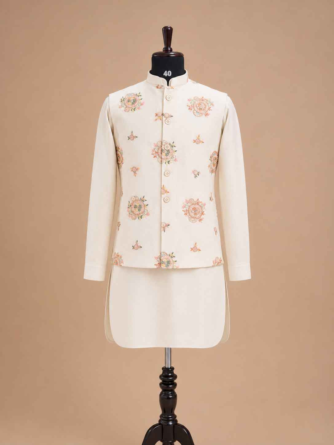 Men's Cream Kurta Pajama with Floral Embroidered Nehru Jacket | Premium Ethnic Wear for Weddings & Festive Occasions