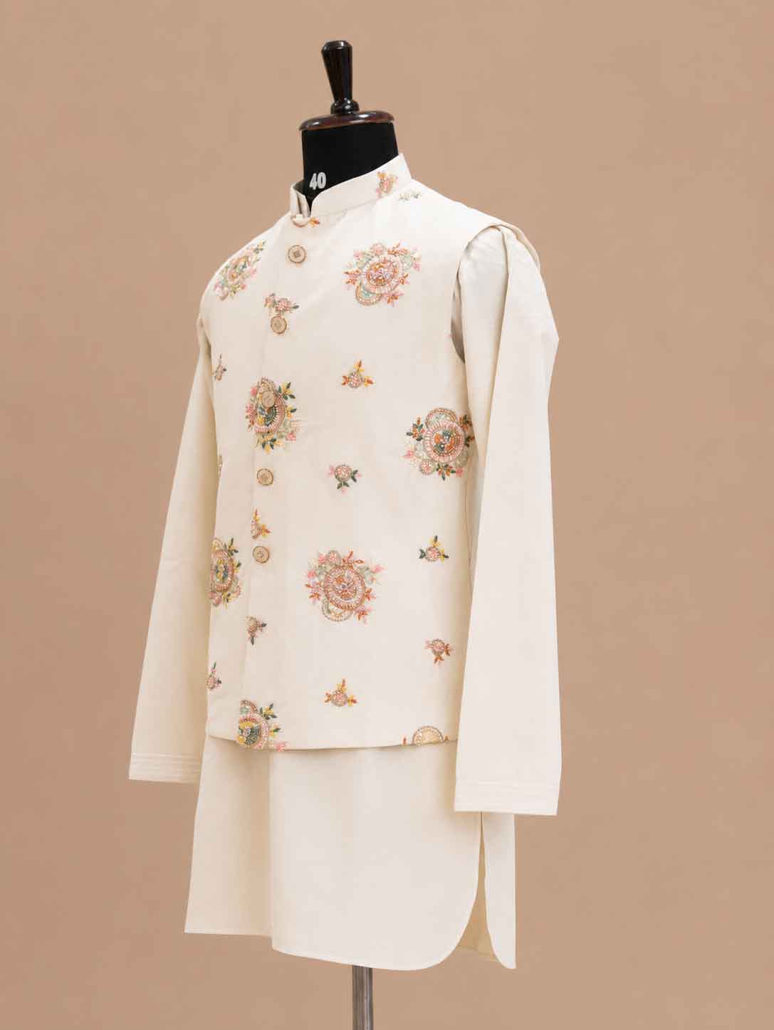 Men's Cream Kurta Pajama with Floral Embroidered Nehru Jacket | Premium Ethnic Wear for Weddings & Festive Occasions
