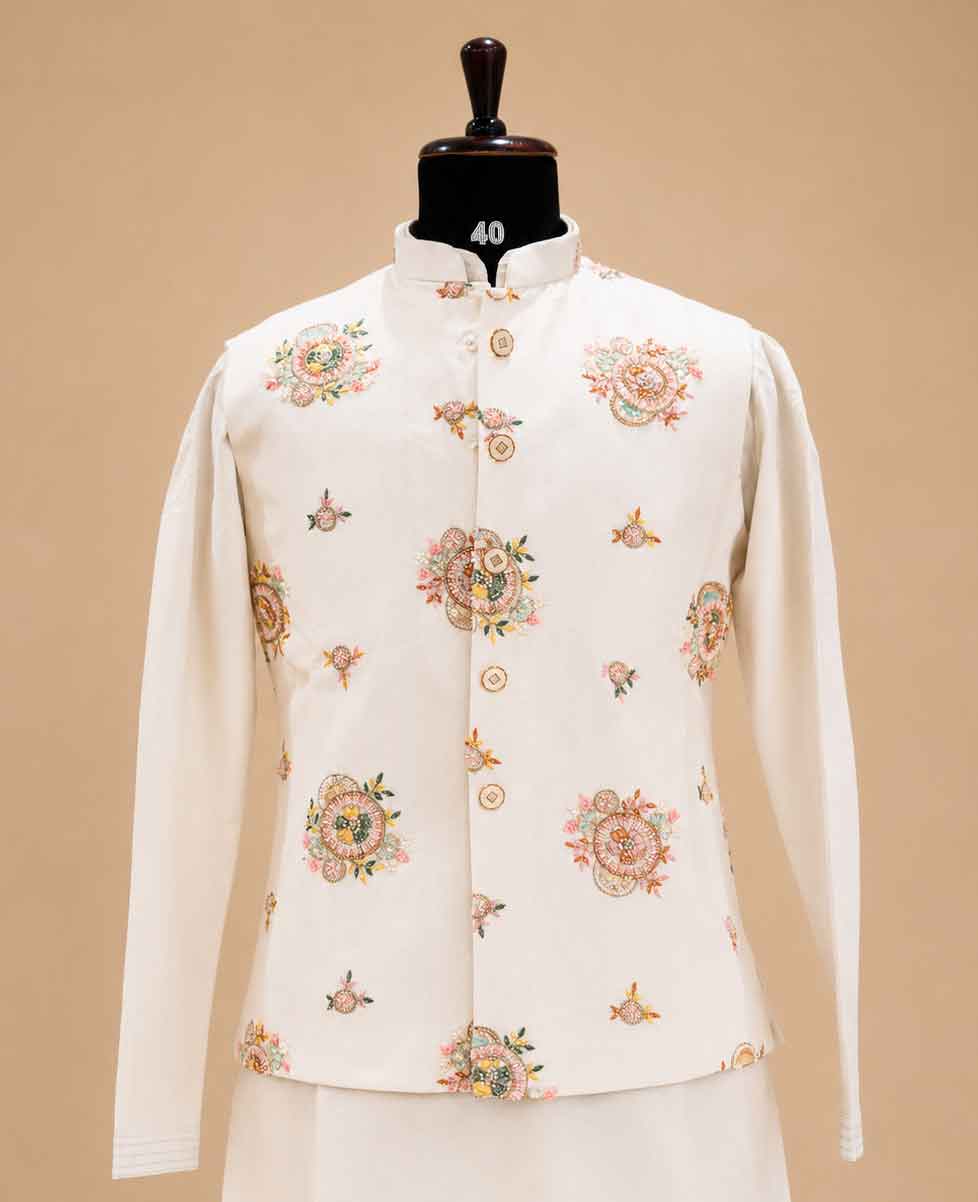 Men's Cream Kurta Pajama with Floral Embroidered Nehru Jacket | Premium Ethnic Wear for Weddings & Festive Occasions