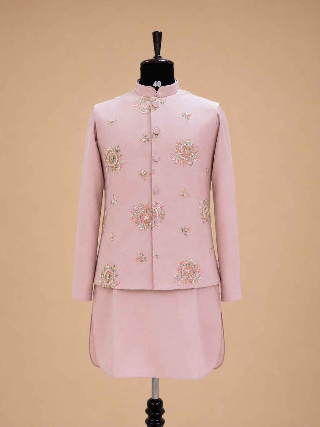 Men's Onion Pink Kurta Pajama with Floral Embroidered Nehru Jacket | Premium Ethnic Wear for Weddings & Festive Occasions