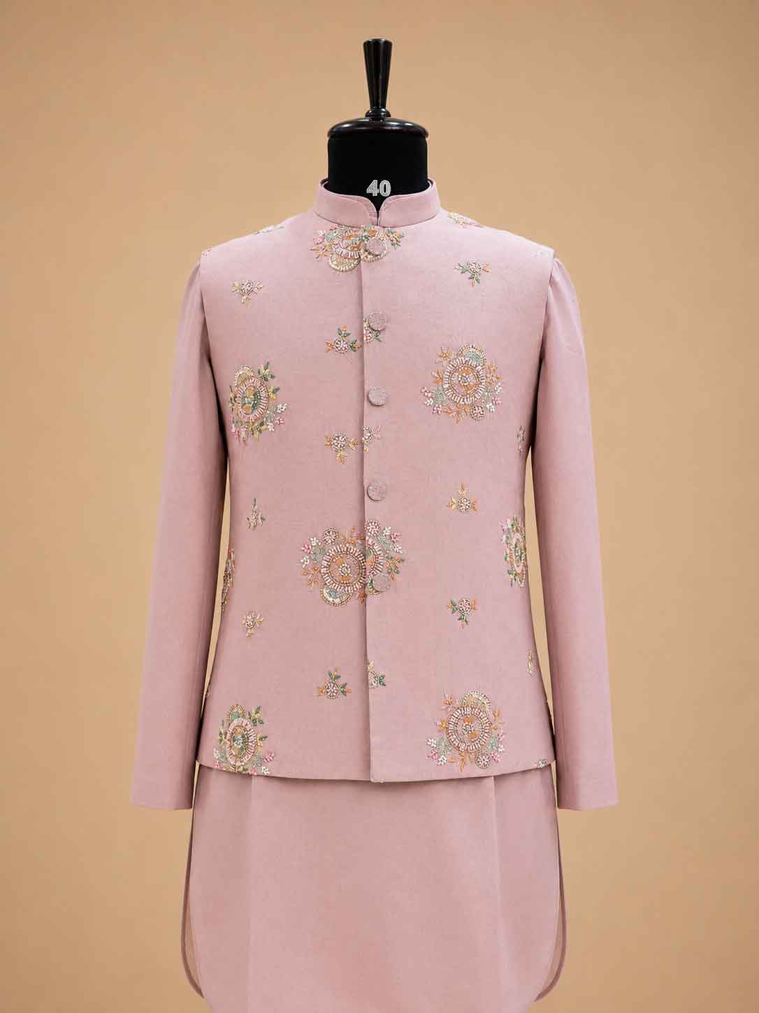 Men's Onion Pink Kurta Pajama with Floral Embroidered Nehru Jacket | Premium Ethnic Wear for Weddings & Festive Occasions
