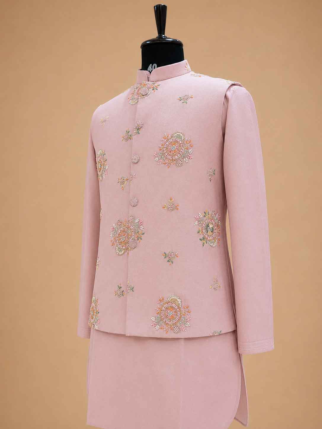 Men's Onion Pink Kurta Pajama with Floral Embroidered Nehru Jacket | Premium Ethnic Wear for Weddings & Festive Occasions