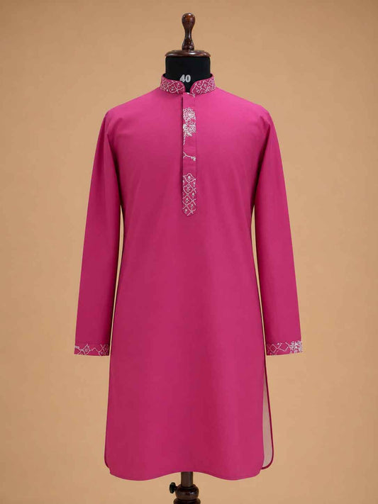 Men's pink kurta pajama with embroidered Nehru jacket style 2 - view 2