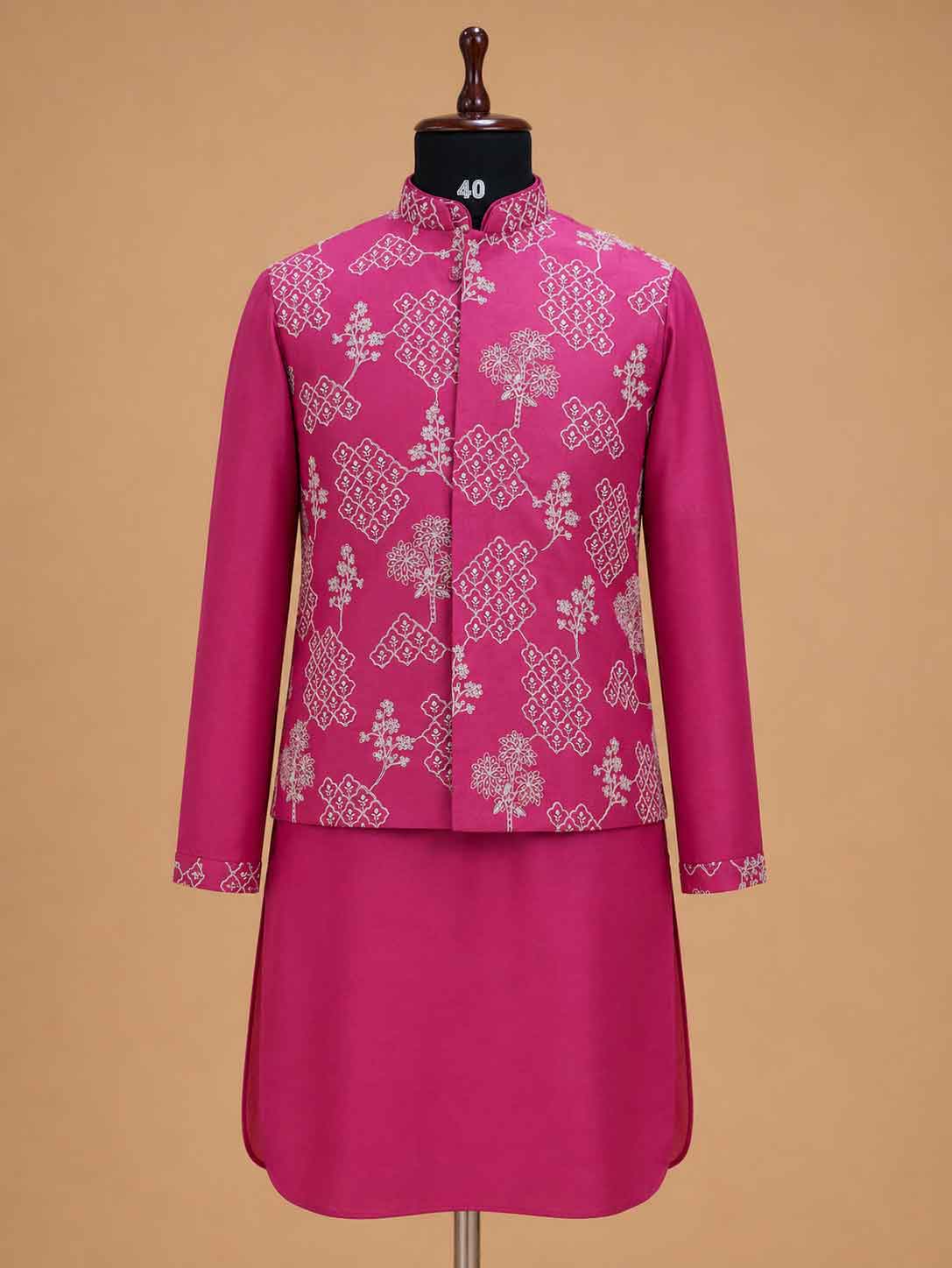 Men's Pink Kurta Pajama with Embroidered Nehru Jacket | Premium Designer Ethnic Wear for Weddings & Festive Occasions