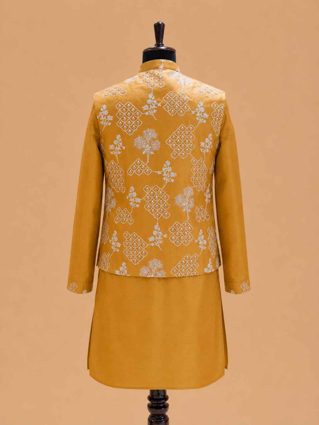 Men's Mustard Kurta Pajama with Embroidered Nehru Jacket | Premium Ethnic Wear for Weddings & Festive Occasions