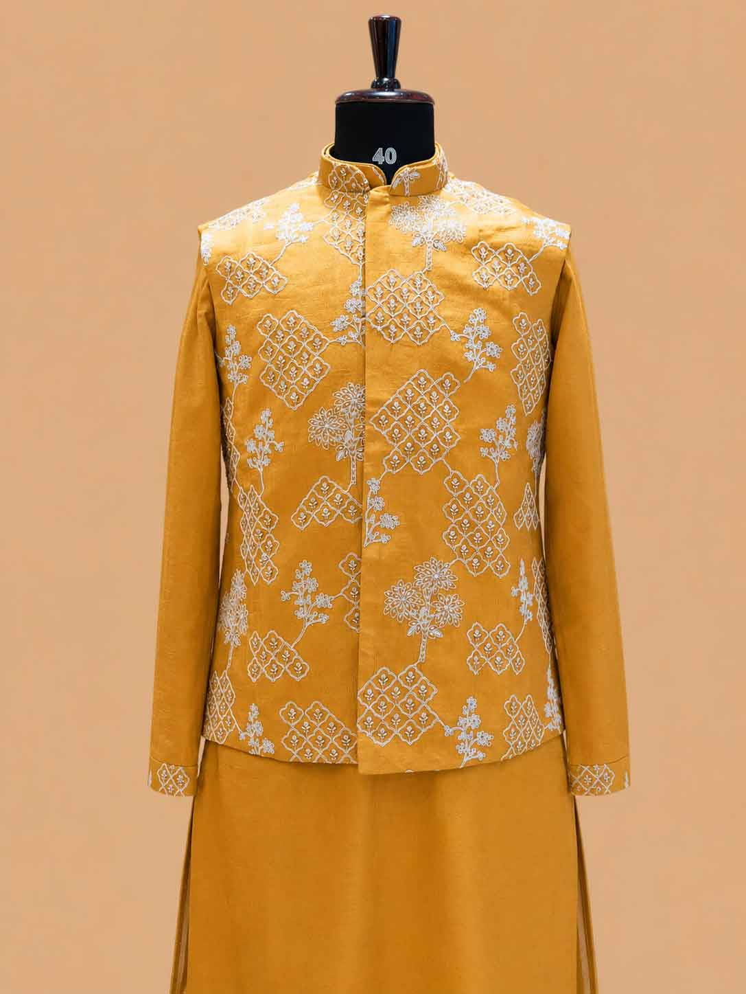 Men's Mustard Kurta Pajama with Embroidered Nehru Jacket | Premium Ethnic Wear for Weddings & Festive Occasions