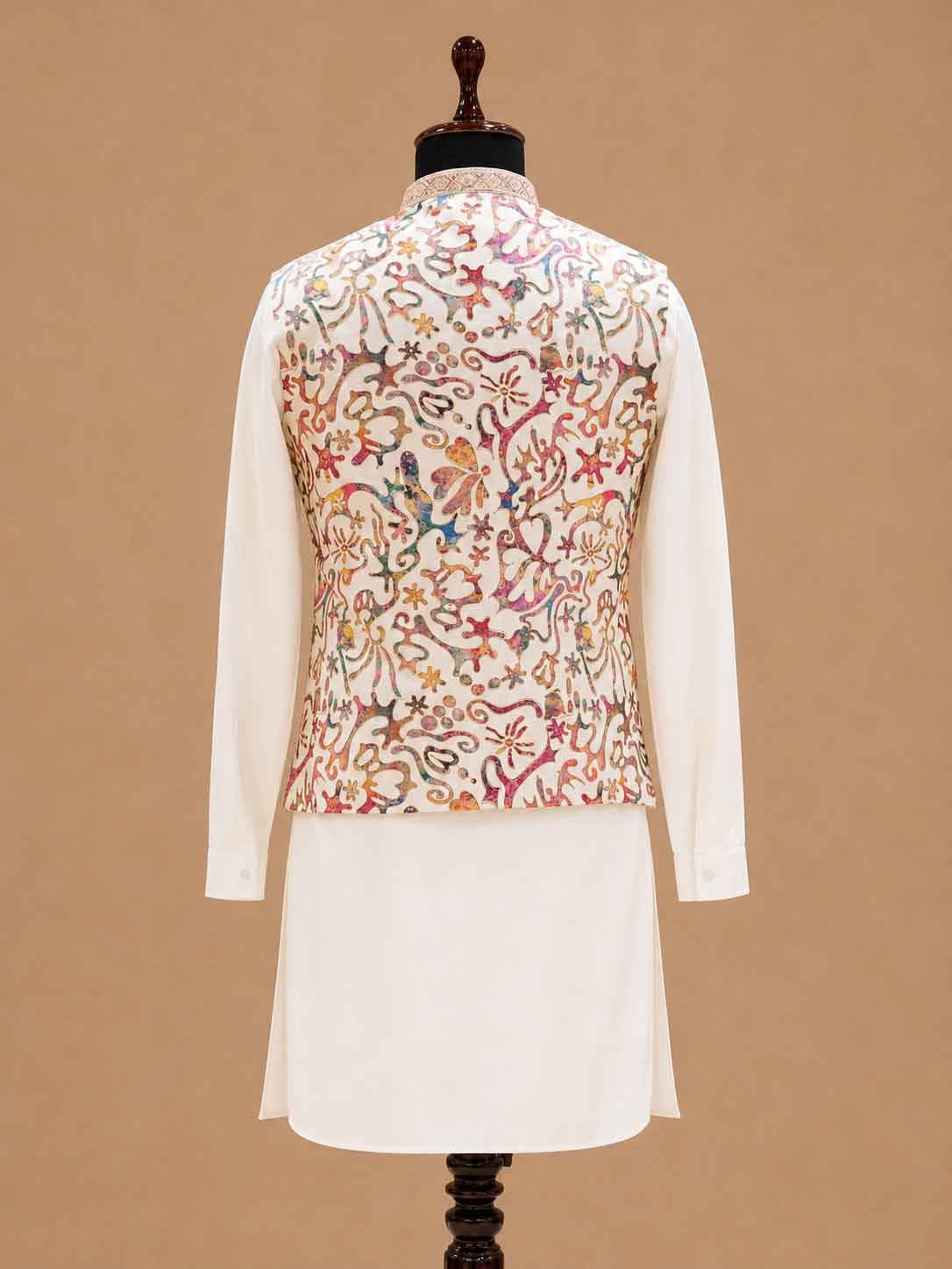 Men's White Kurta Pajama with Multicolor Printed Nehru Jacket | Designer Festive & Wedding Ethnic Wear