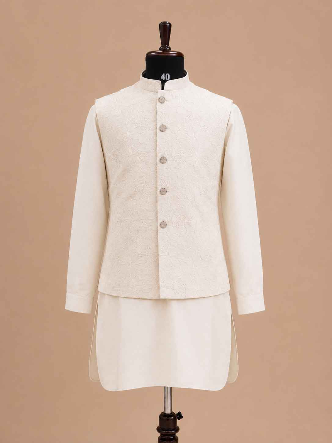 Men's Off-White Kurta Pajama with Embroidered Nehru Jacket | Premium Ethnic Wear for Weddings & Festive Occasions