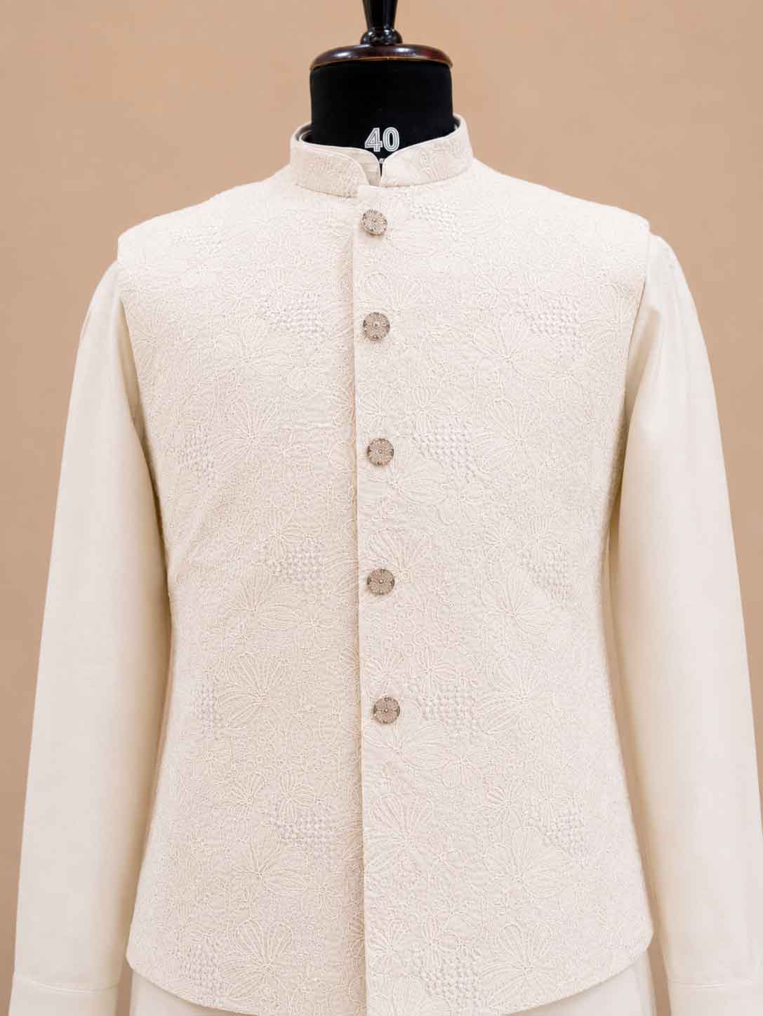 Men's Off-White Kurta Pajama with Embroidered Nehru Jacket | Premium Ethnic Wear for Weddings & Festive Occasions