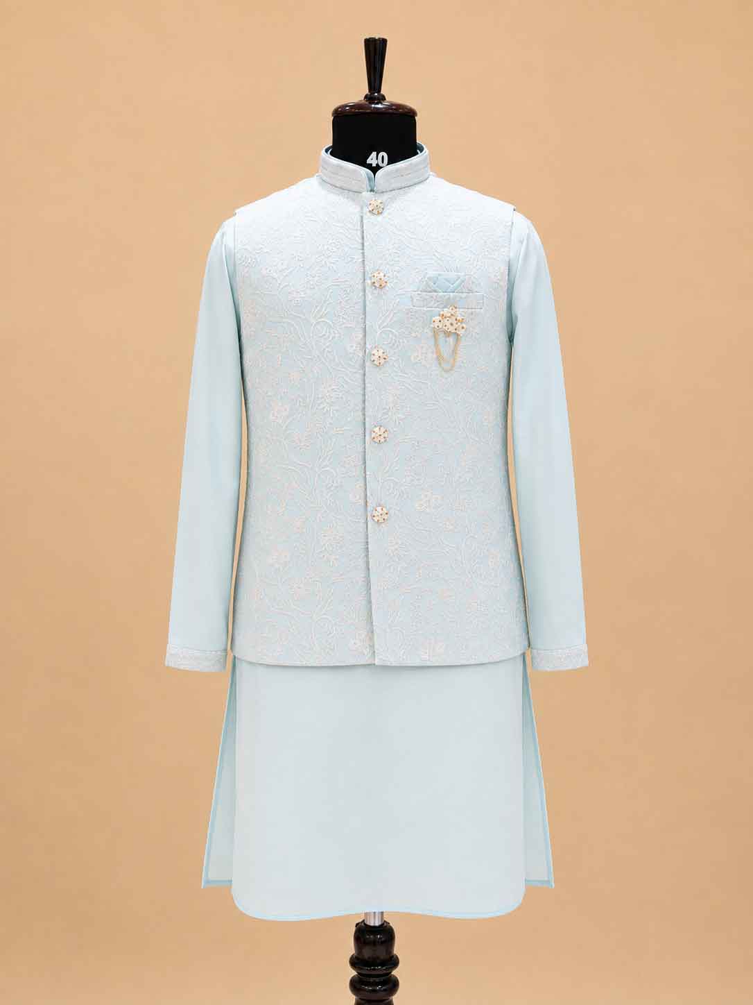 Men's Firozi Kurta Pajama with Embroidered Nehru Jacket | Designer Festive & Wedding Ethnic Wear