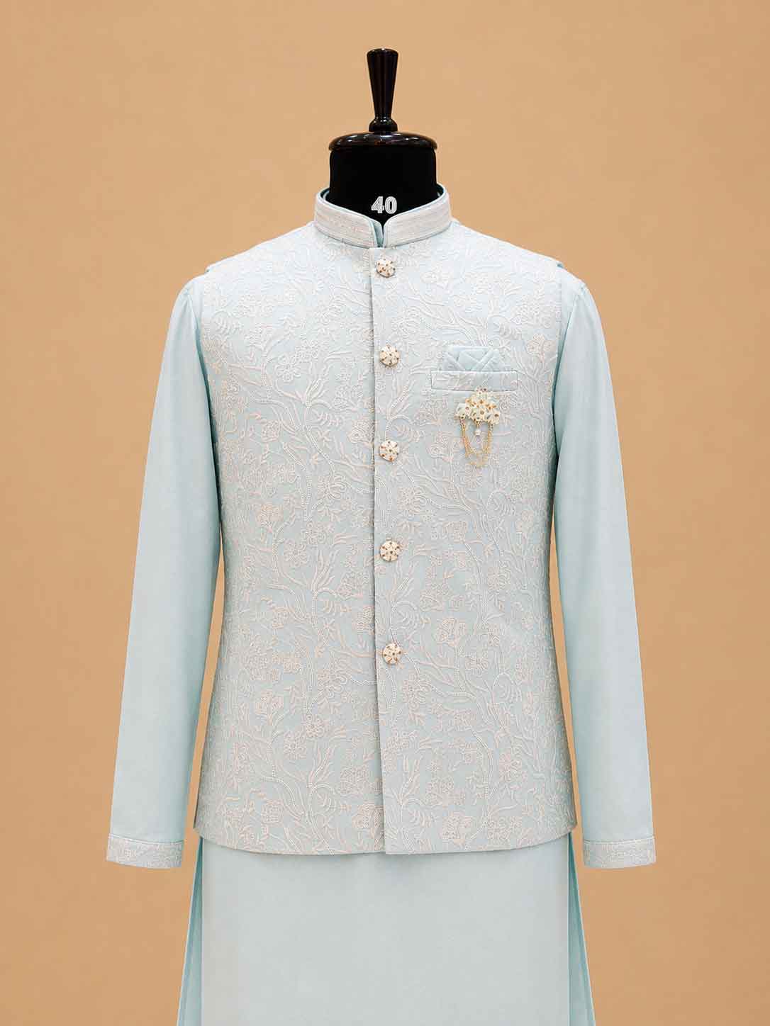 Men's Firozi Kurta Pajama with Embroidered Nehru Jacket | Designer Festive & Wedding Ethnic Wear