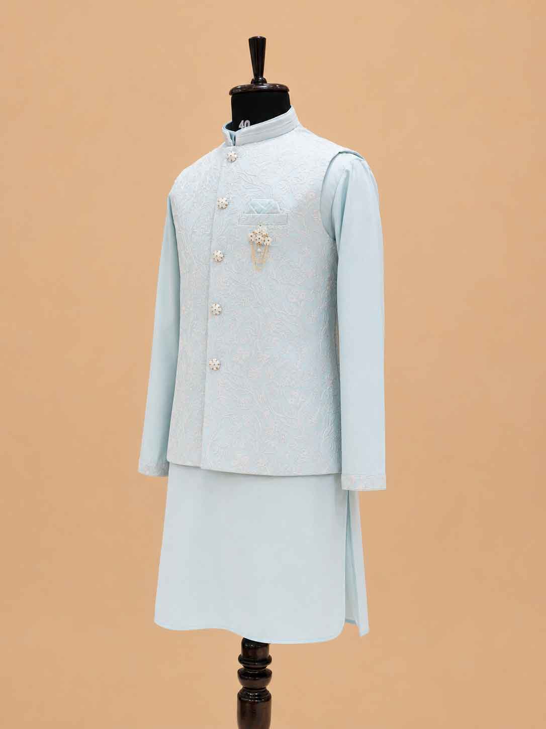 Men's Firozi Kurta Pajama with Embroidered Nehru Jacket | Designer Festive & Wedding Ethnic Wear