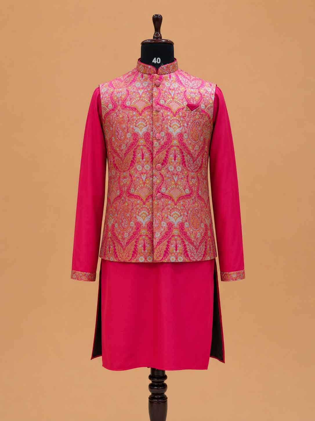 Pink | Kurta Pajama Set with Paisley Printed Nehru Jacket | 3