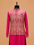 Men's Pink Kurta Pajama with Paisley Printed Nehru Jacket | Premium Festive & Wedding Ethnic Wear