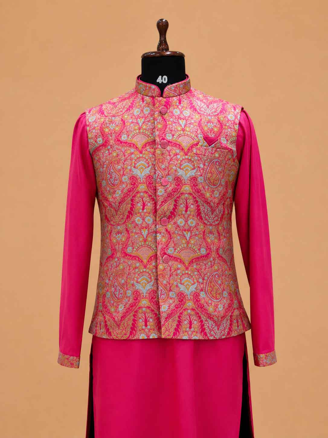 Men's Pink Kurta Pajama with Paisley Printed Nehru Jacket | Premium Festive & Wedding Ethnic Wear