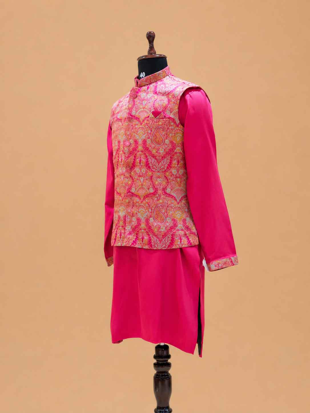 Pink | Kurta Pajama Set with Paisley Printed Nehru Jacket | 5