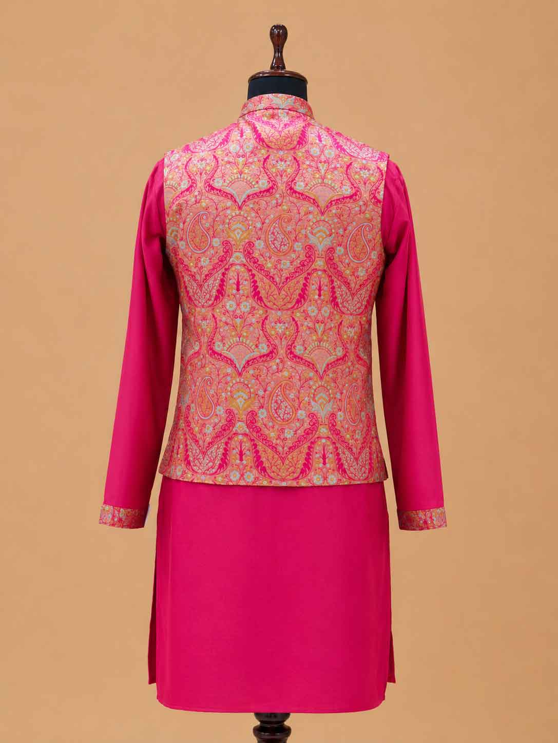 Men's Pink Kurta Pajama with Paisley Printed Nehru Jacket | Premium Festive & Wedding Ethnic Wear