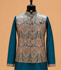 Men's Teal Kurta Pajama with Paisley Printed Nehru Jacket | Premium Ethnic Wear for Weddings & Festive Occasions