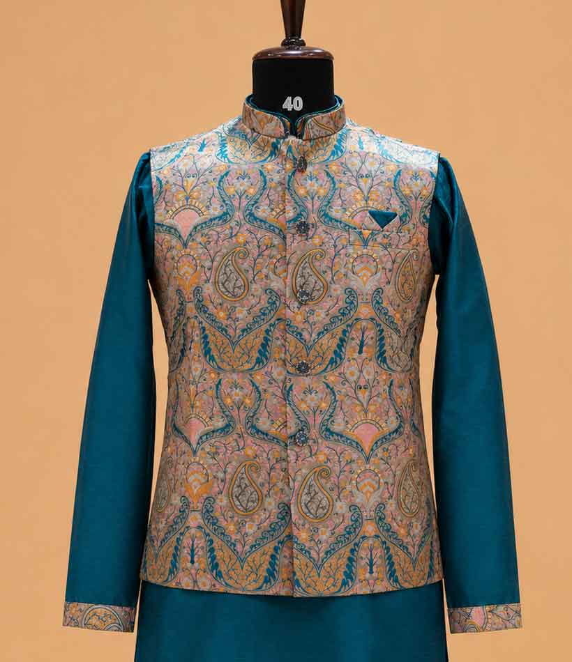 Men's Teal Kurta Pajama with Paisley Printed Nehru Jacket | Premium Ethnic Wear for Weddings & Festive Occasions