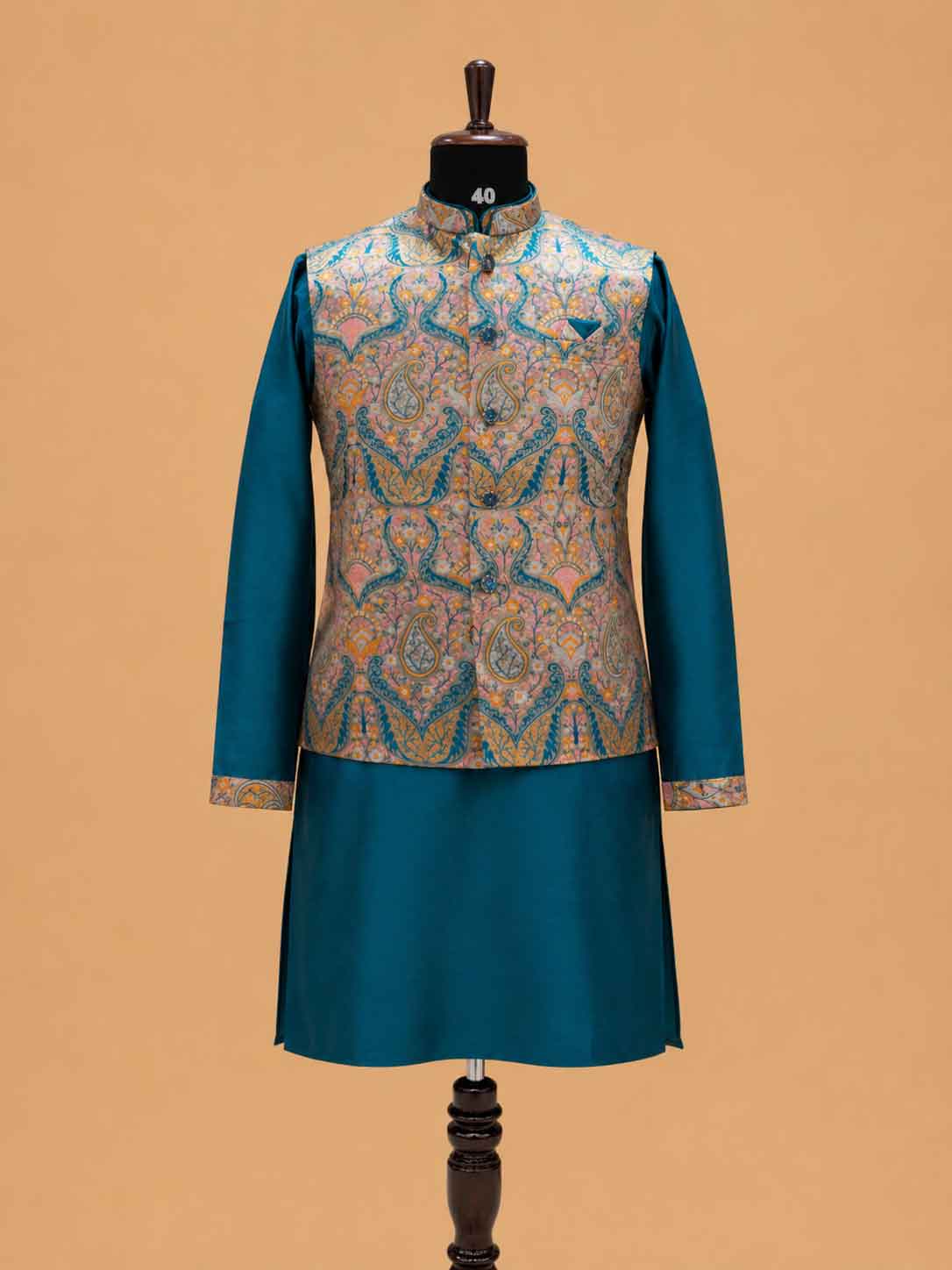 Men's Teal Kurta Pajama with Paisley Printed Nehru Jacket | Premium Ethnic Wear for Weddings & Festive Occasions