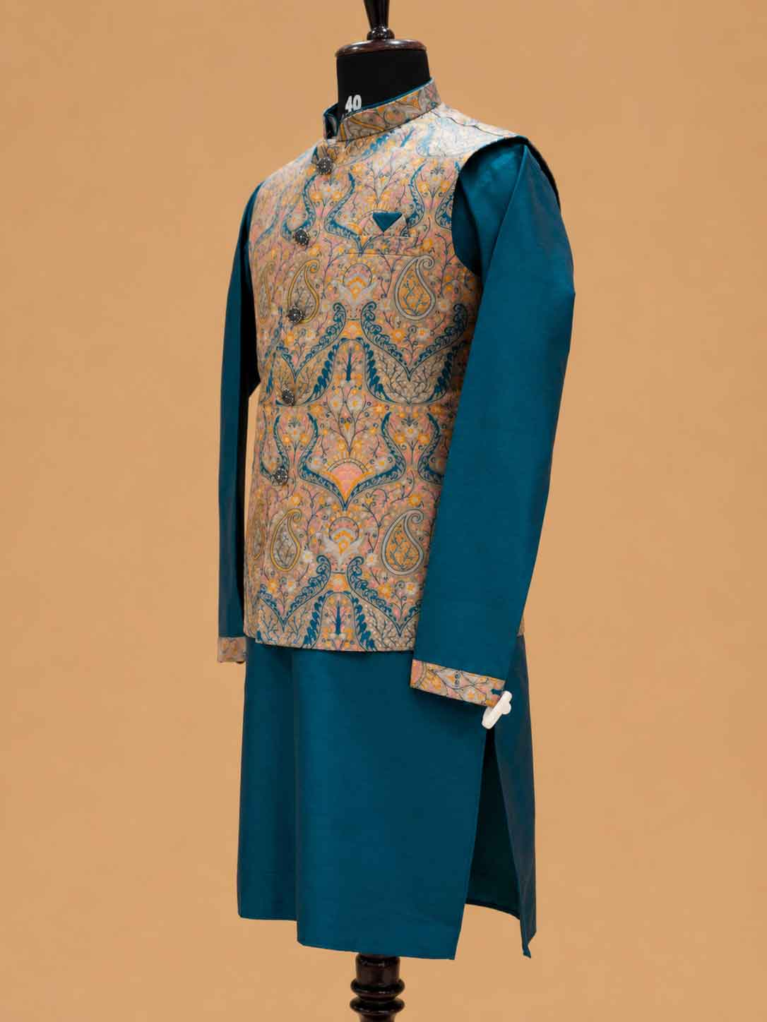 Men's Teal Kurta Pajama with Paisley Printed Nehru Jacket | Premium Ethnic Wear for Weddings & Festive Occasions