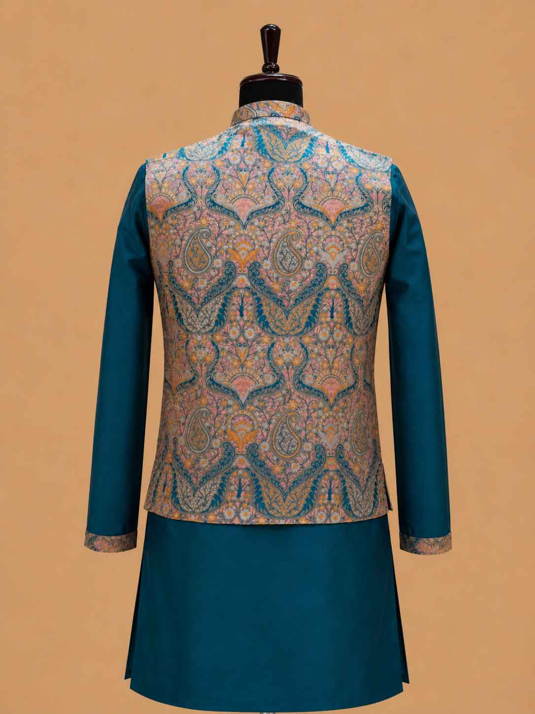 Men's Teal Kurta Pajama with Paisley Printed Nehru Jacket | Premium Ethnic Wear for Weddings & Festive Occasions