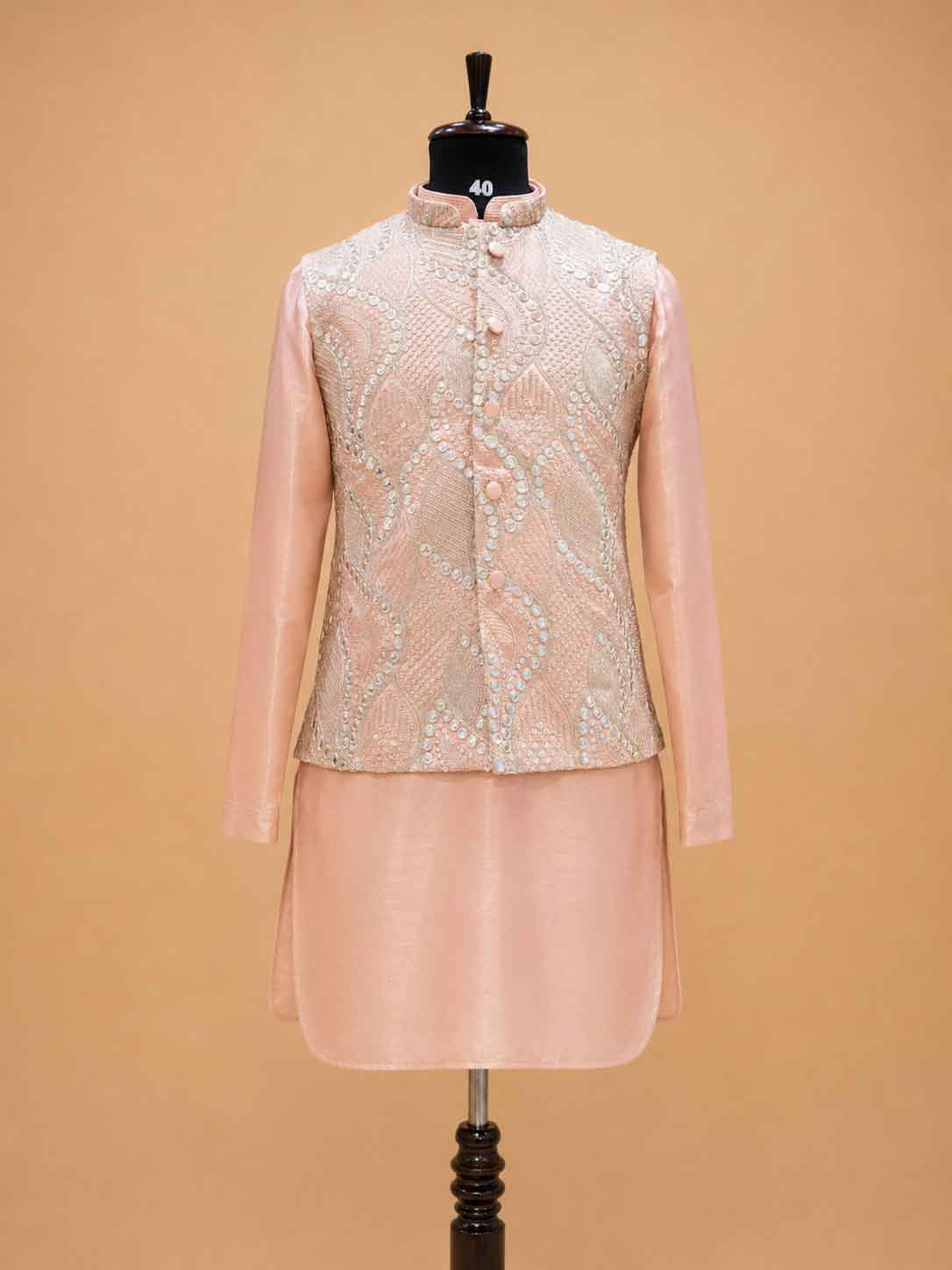 Men's Peach Kurta Pajama with Embroidered Nehru Jacket | Premium Wedding & Festive Ethnic Wear