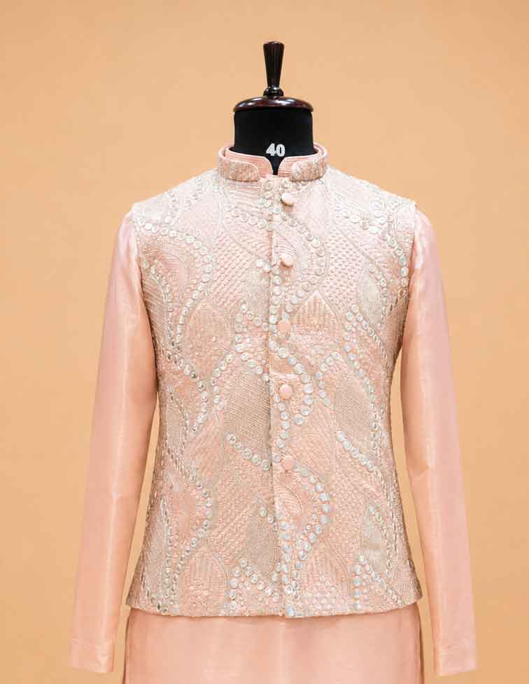 Men's Peach Kurta Pajama with Embroidered Nehru Jacket | Premium Wedding & Festive Ethnic Wear