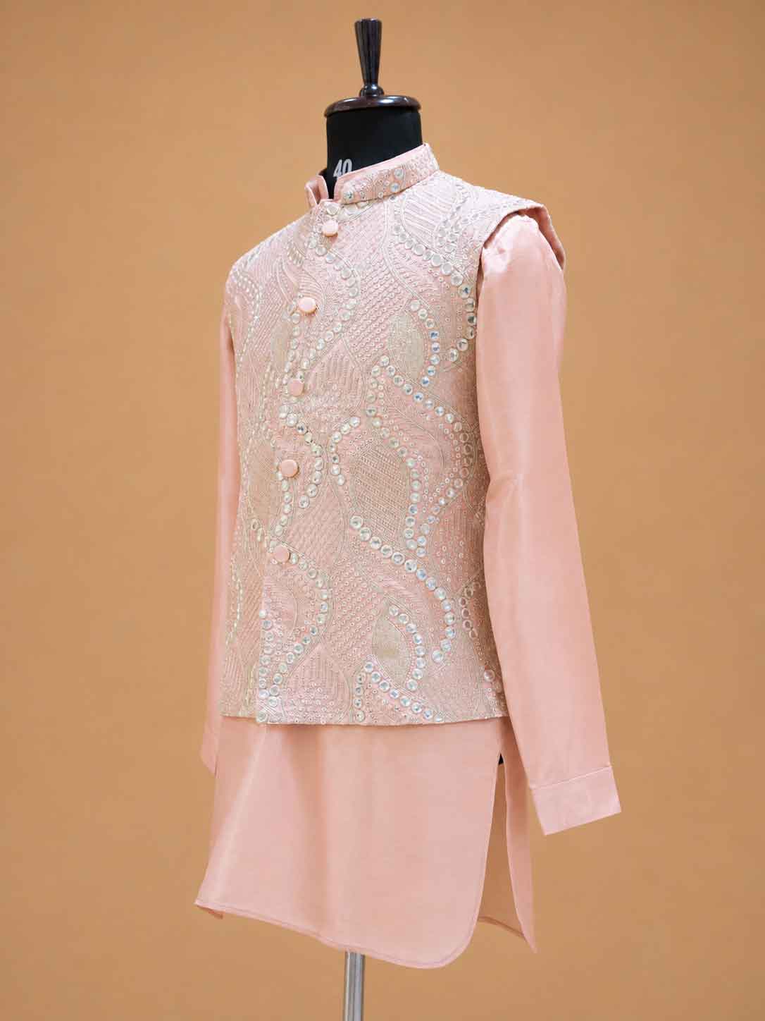 Men's Peach Kurta Pajama with Embroidered Nehru Jacket | Premium Wedding & Festive Ethnic Wear