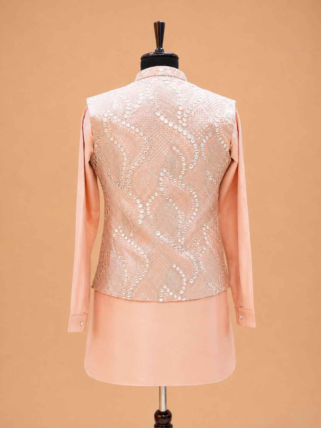 Men's Peach Kurta Pajama with Embroidered Nehru Jacket | Premium Wedding & Festive Ethnic Wear