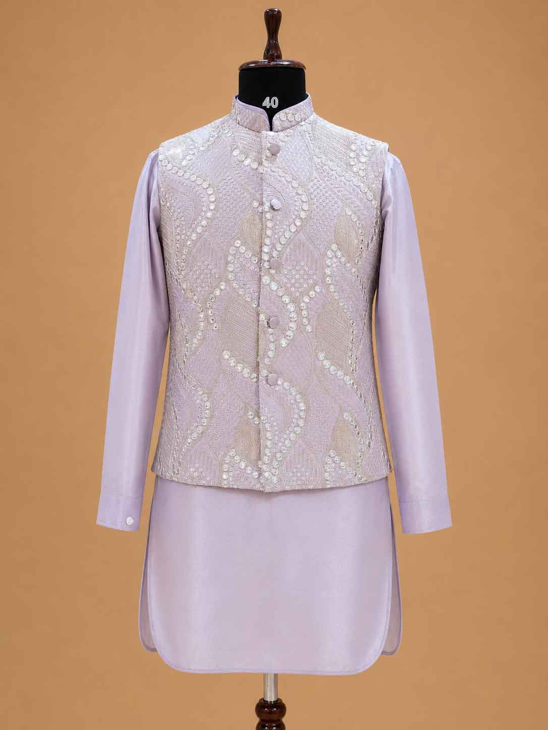 Men's Lavender Kurta Pajama with Embroidered Nehru Jacket | Premium Wedding & Festive Ethnic Wear