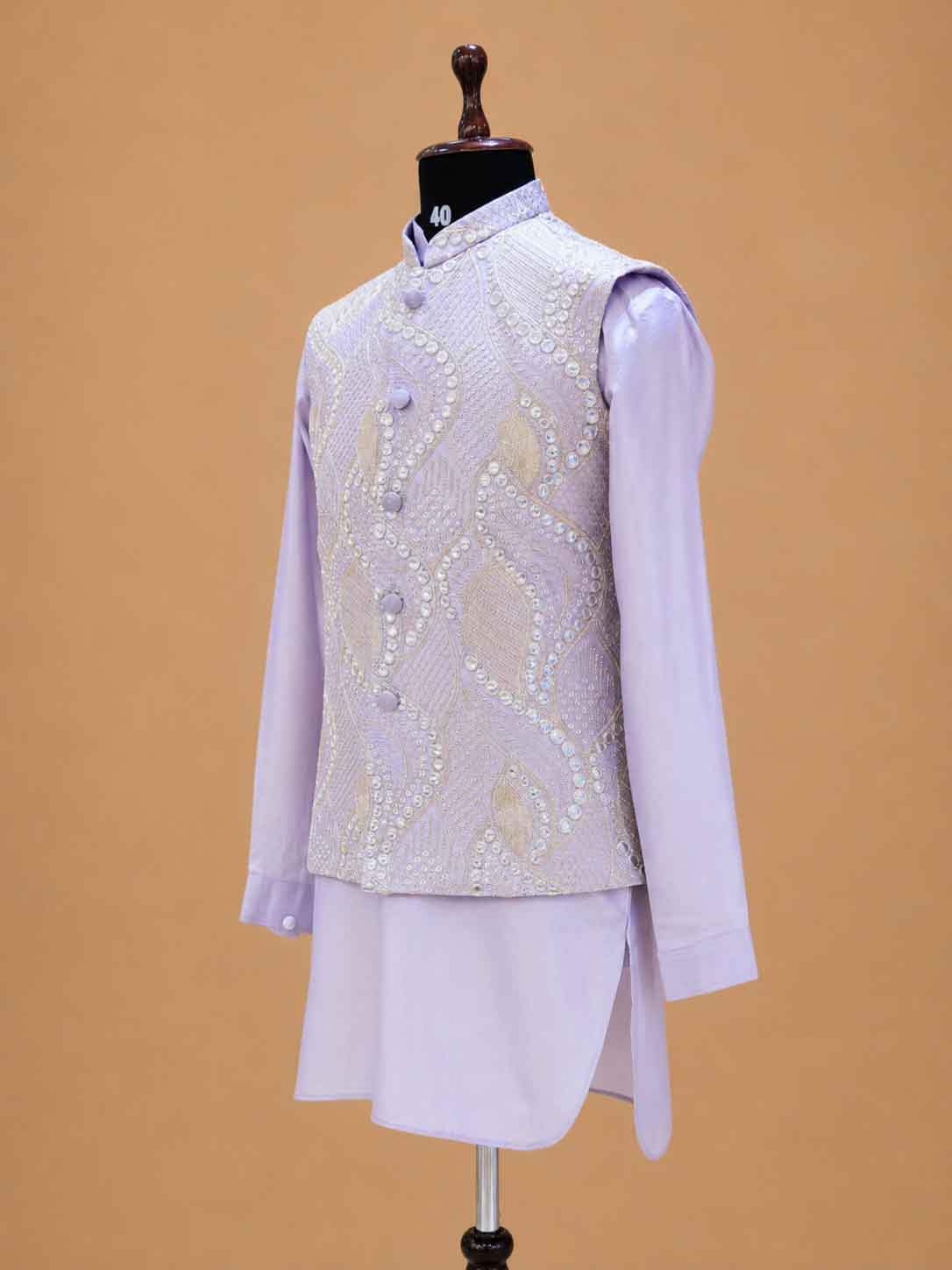 Men's Lavender Kurta Pajama with Embroidered Nehru Jacket | Premium Wedding & Festive Ethnic Wear