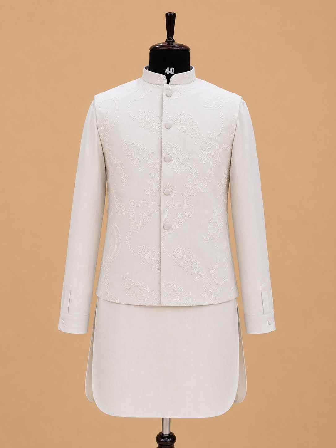 Men's Cream Kurta Pajama with Self-Textured Nehru Jacket | Premium Wedding & Festive Ethnic Wear