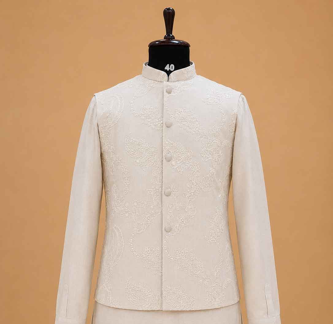 Men's Cream Kurta Pajama with Self-Textured Nehru Jacket | Premium Wedding & Festive Ethnic Wear