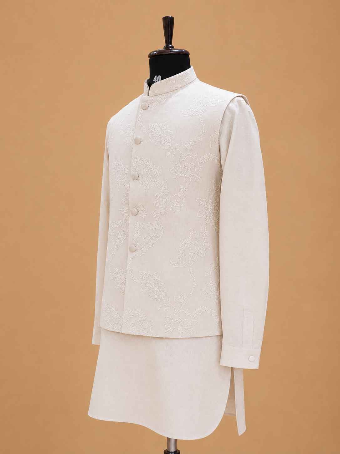 Men's Cream Kurta Pajama with Self-Textured Nehru Jacket | Premium Wedding & Festive Ethnic Wear