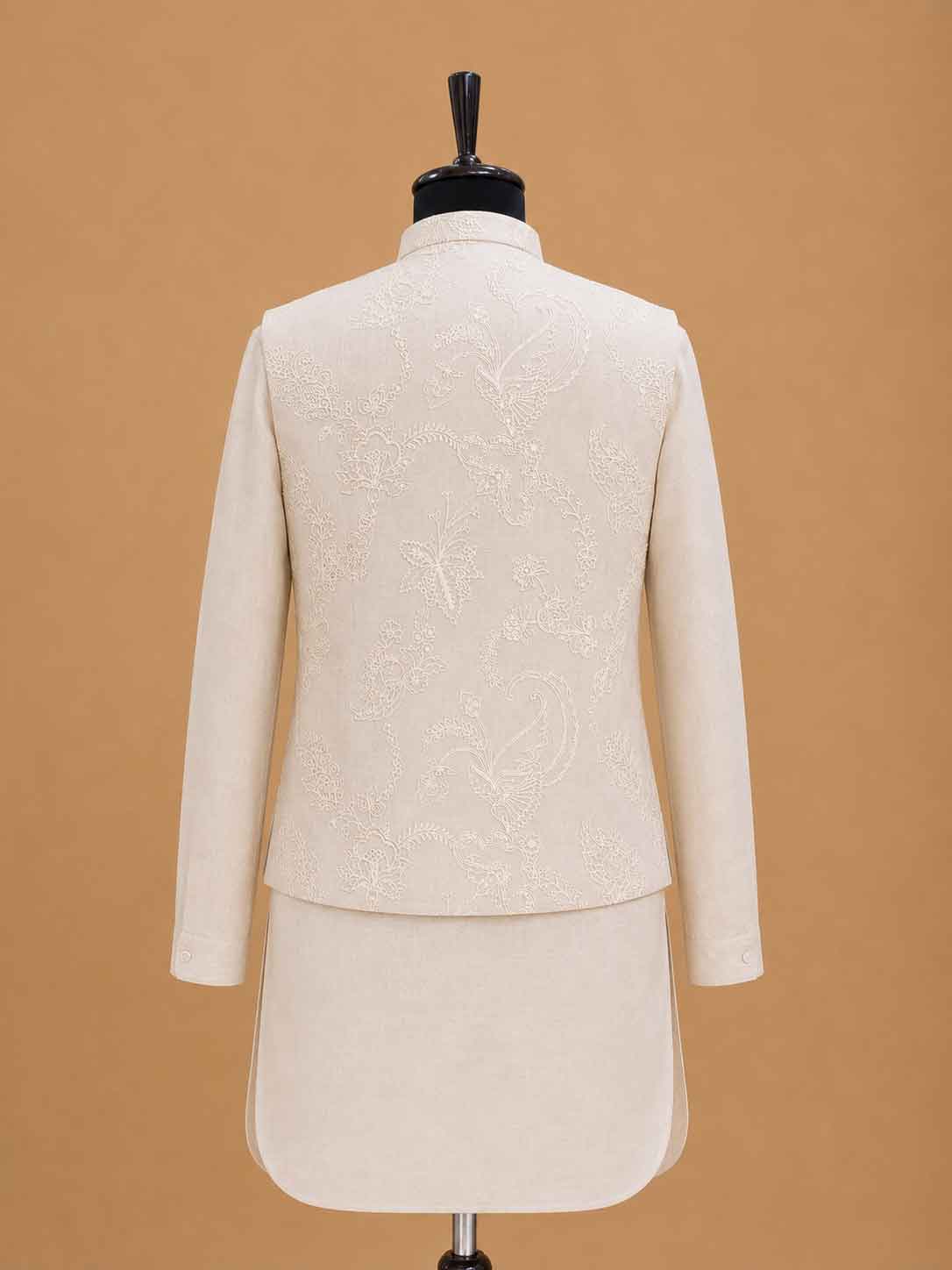 Men's Cream Kurta Pajama with Self-Textured Nehru Jacket | Premium Wedding & Festive Ethnic Wear