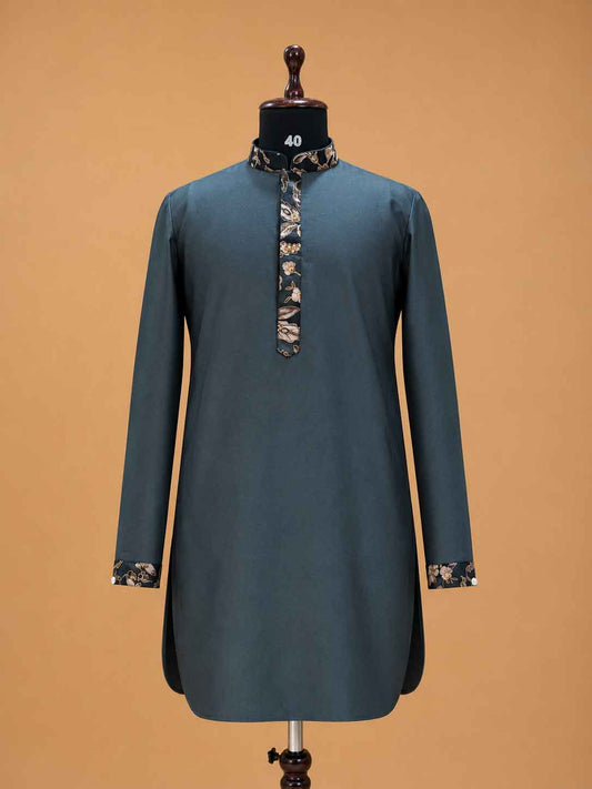 Men's grey kurta pajama with floral printed Nehru jacket - view 2